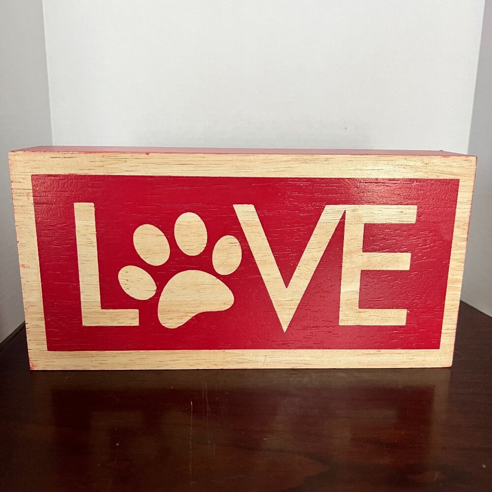 HOBBY LOBBY Dog‎ Paw LOVE Wooden Box Sign (Red & Natural Wood)